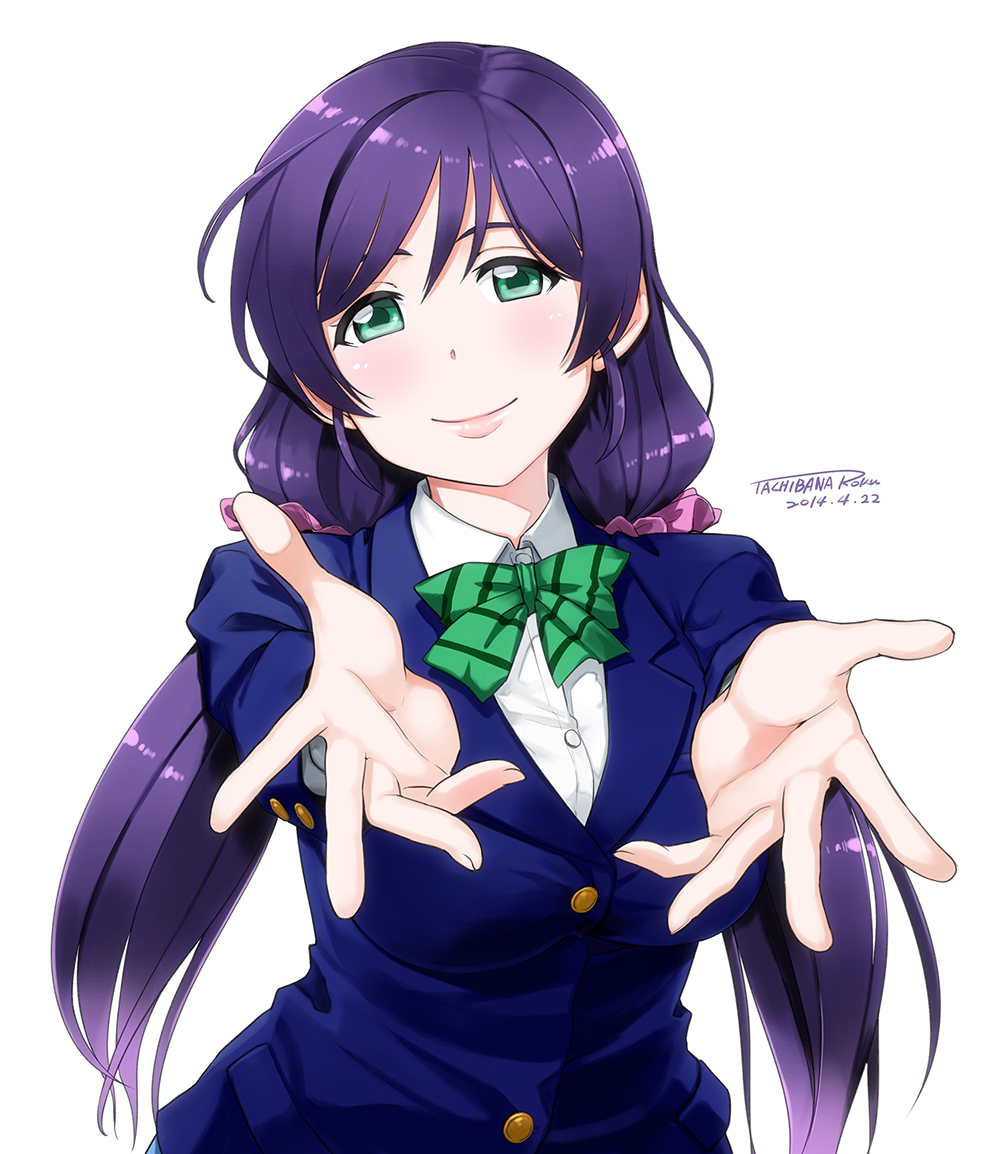 1girl, blush, breasts, green_eyes, long_hair, looking_at_viewer, love_live!_school_idol_project, outstretched_arms