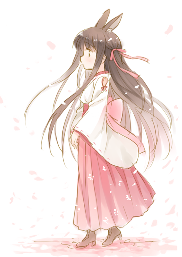 1girl, animal_ears, bow, brown_hair, cherry_blossoms, floral_print, hair_ribbon, hakama