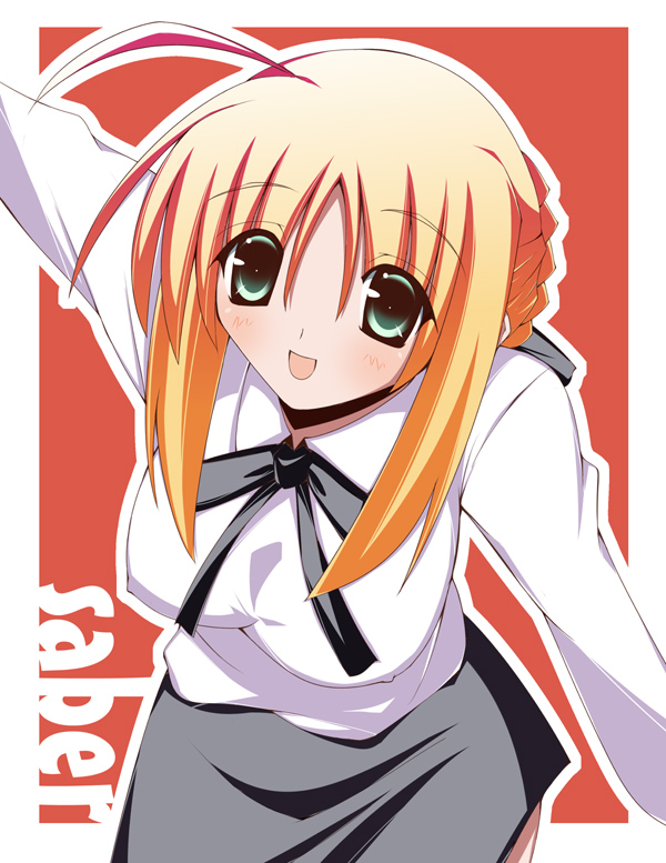 blonde_hair, blouse, blush, breasts, erect_nipples, fate/stay_night, fate_(series), green_eyes