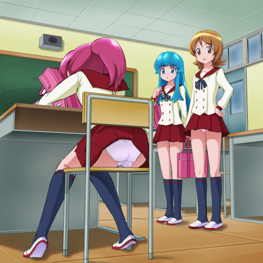 3girls, aino_megumi, bag, blue_eyes, blue_hair, brown_eyes, brown_hair, chair, classroom, happinesscharge_precure!, highres, long_hair, mont_blanc_(heartcatch_ayaya), multiple_girls, oomori_yuuko, panties, pink_hair, pink_panties, pleated_skirt, ponytail, precure, school_uniform, shirayuki_hime, short_hair, sitting, skirt, skirt_caught, socks, underwear, white_panties