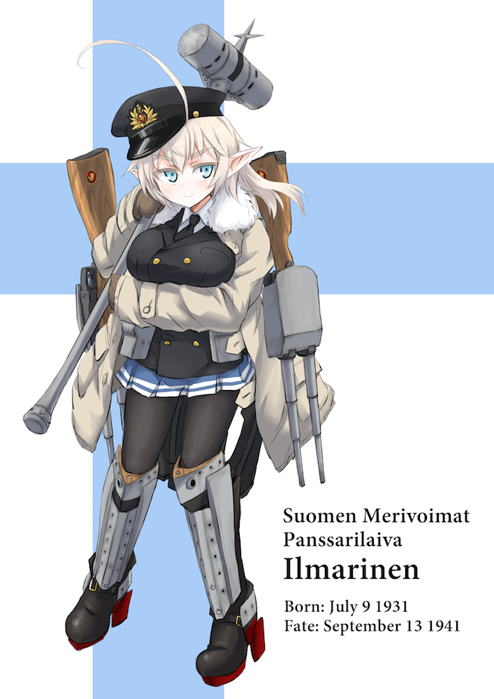 1girl, blue_eyes, boots, breasts, character_name, finnish, gloves, gun, hammer, hat, high_heels, ilmarinen_(ship), jacket, long_coat, long_hair, necktie, ogitsune_(ankakecya-han), pantyhose, personification, pointy_ears, skirt, smile, solo, uniform, weapon, white_hair