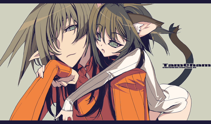 bishounen, blade_(artist), blade_(lovewn), cat_ears, chamcham, green_eyes, letterboxed, maya_(culture)