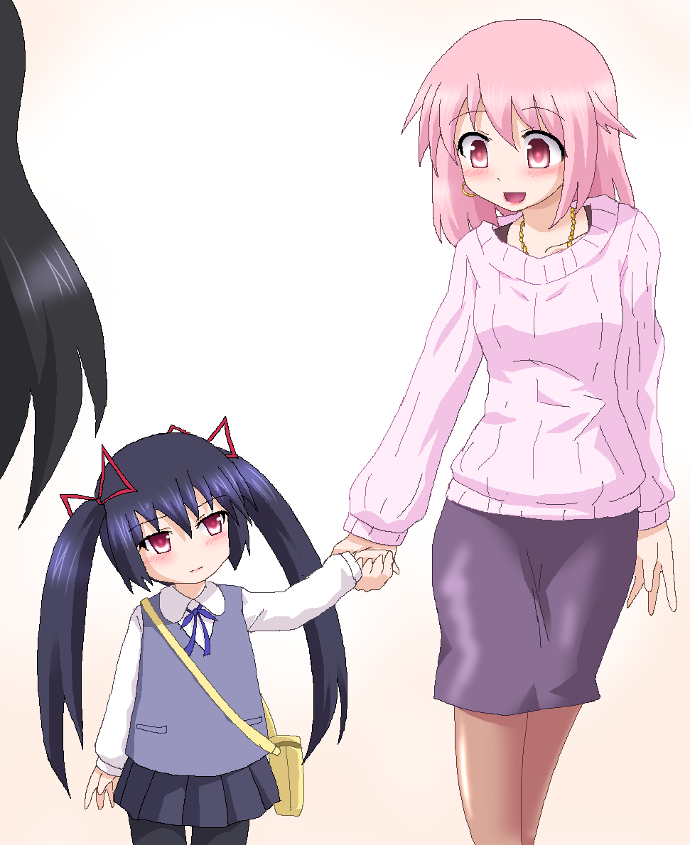 3girls, :d, akemi_homura, bag, black_hair, earrings, hayashiya_zankurou, holding_hands, if_they_mated, jewelry, kaname_madoka, kindergarten_bag, mahou_shoujo_madoka_magica, mother_and_daughter, multiple_girls, open_mouth, pantyhose, pink_eyes, pink_hair, ribbon, school_uniform, skirt, smile, sweater