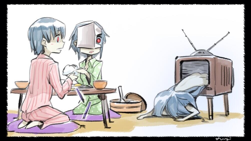 3girls, blue_hair, chi-class_torpedo_cruiser, kantai_collection, long_hair, multiple_girls, nonco, pajamas, pale_skin, parody, red_eyes, ri-class_heavy_cruiser, rice_bowl, shinkaisei-kan, tagme, television, the_ring, yamamura_sadako, yo-class_submarine