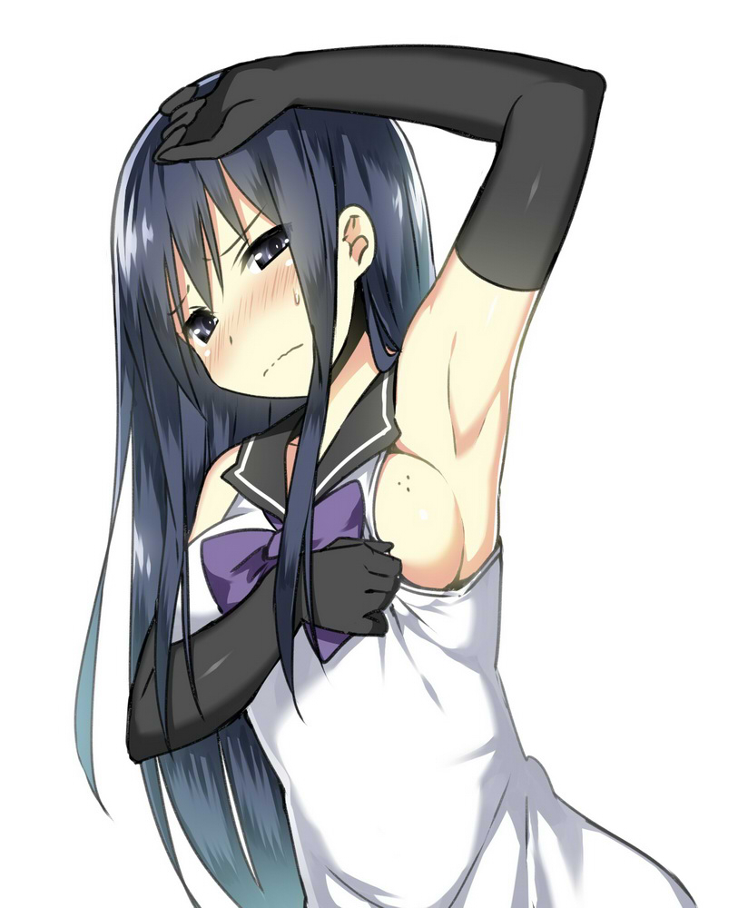 1girl, arm_up, armpits, black_eyes, black_gloves, black_hair, blush, breasts, elbow_gloves, gloves, gokukoku_no_brynhildr, kuroha_neko, long_hair, sideboob, simple_background, sky_(freedom), solo, white_background