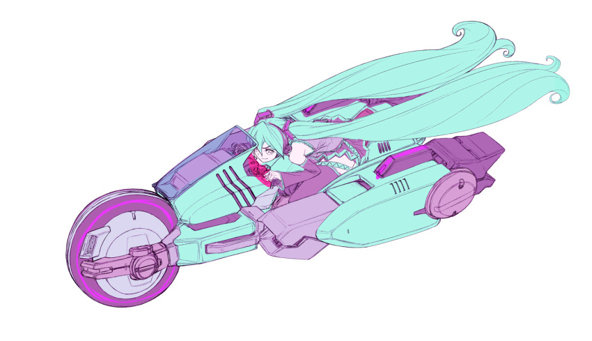 1girl, absurdly_long_hair, aqua_eyes, aqua_hair, detached_sleeves, driving, flat_color, hatsune_miku