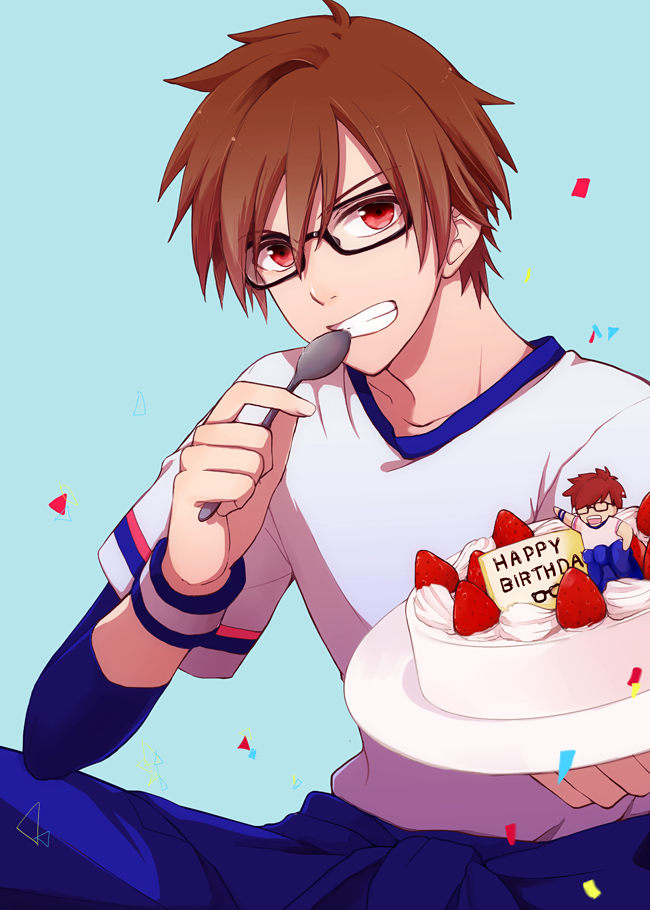 1boy, brown_hair, cake, food, glasses, grin, happy_birthday, male