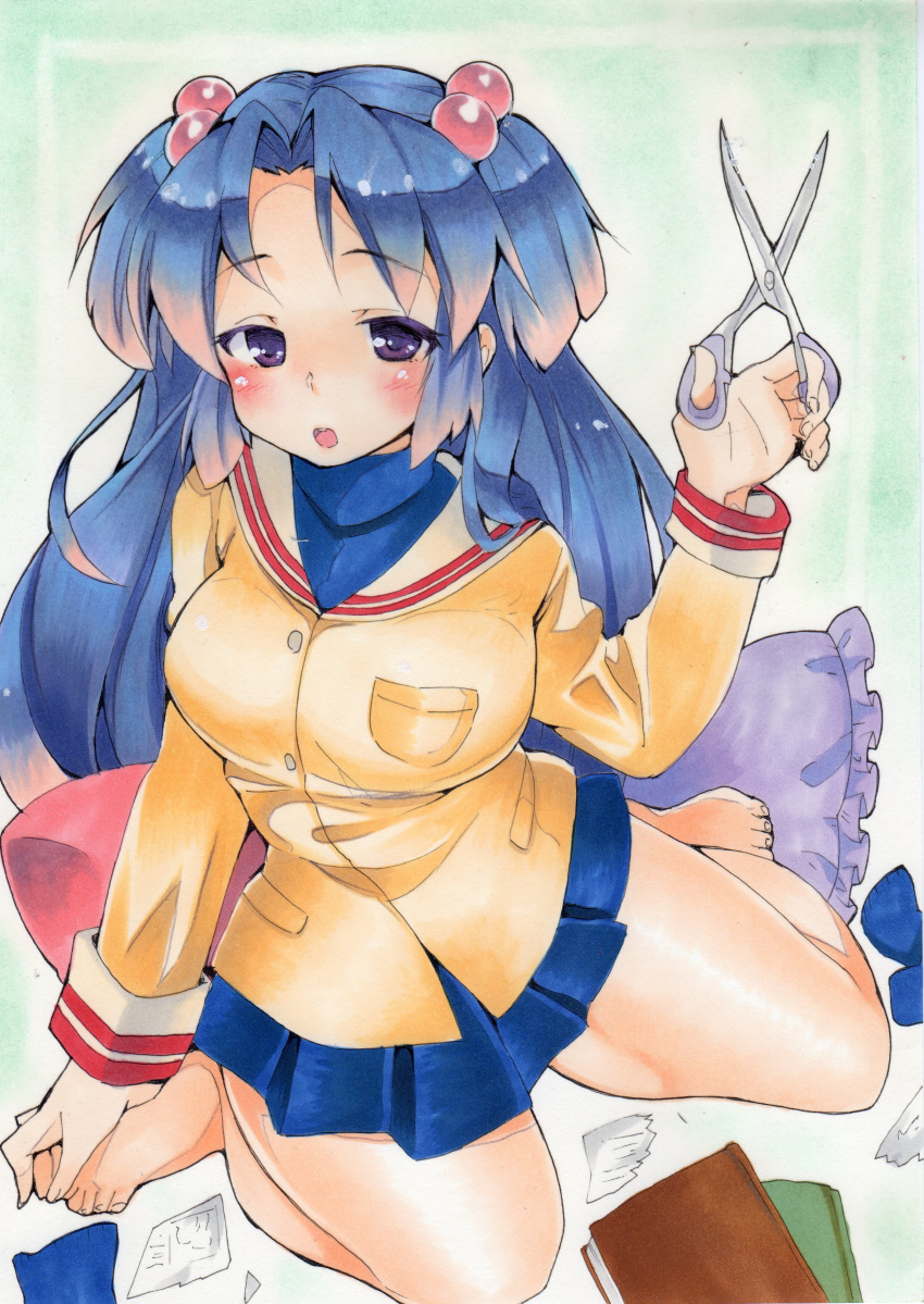 1girl, absurdres, barefoot, blue_hair, clannad, highres, ichinose_kotomi, long_hair