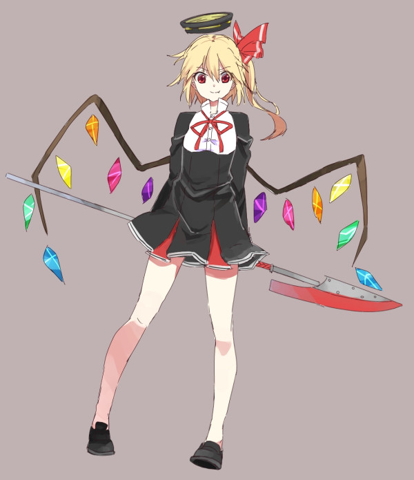 1girl, bat_wings, blonde_hair, cosplay, flandre_scarlet, halberd, hat, kantai_collection