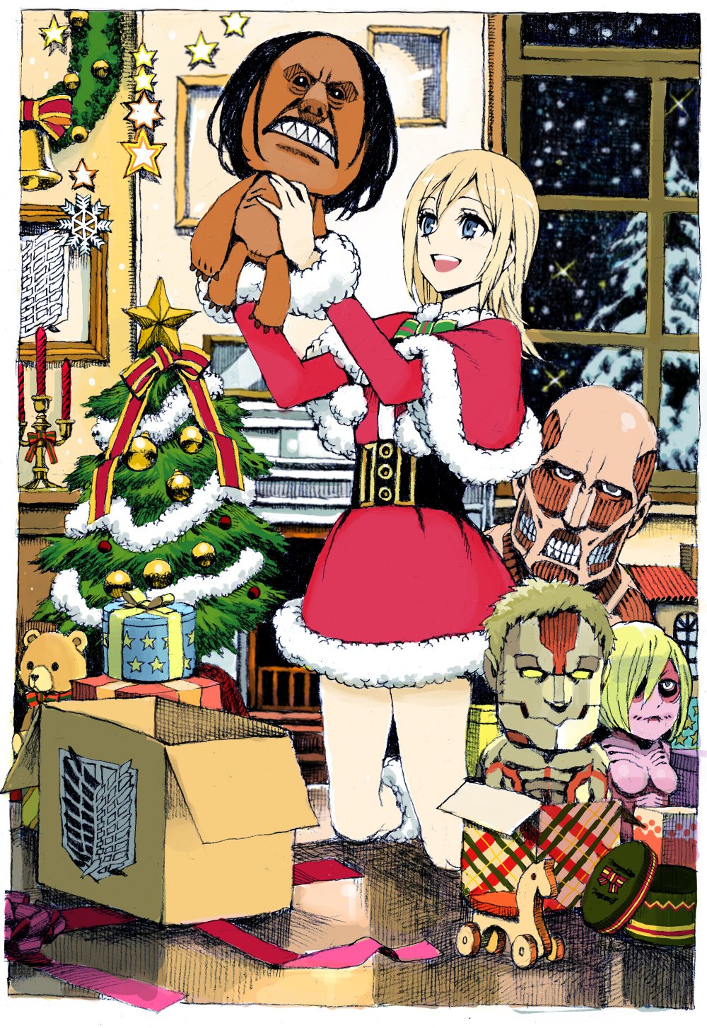1girl, blonde_hair, blue_eyes, blush, boots, capelet, christa_renz, christmas