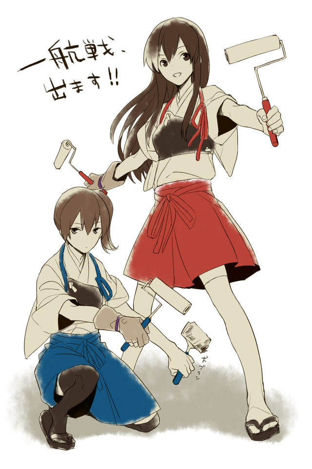 2girls, akagi_(kantai_collection), black_legwear, comic, dog, hair_comb, hat, japanese_clothes
