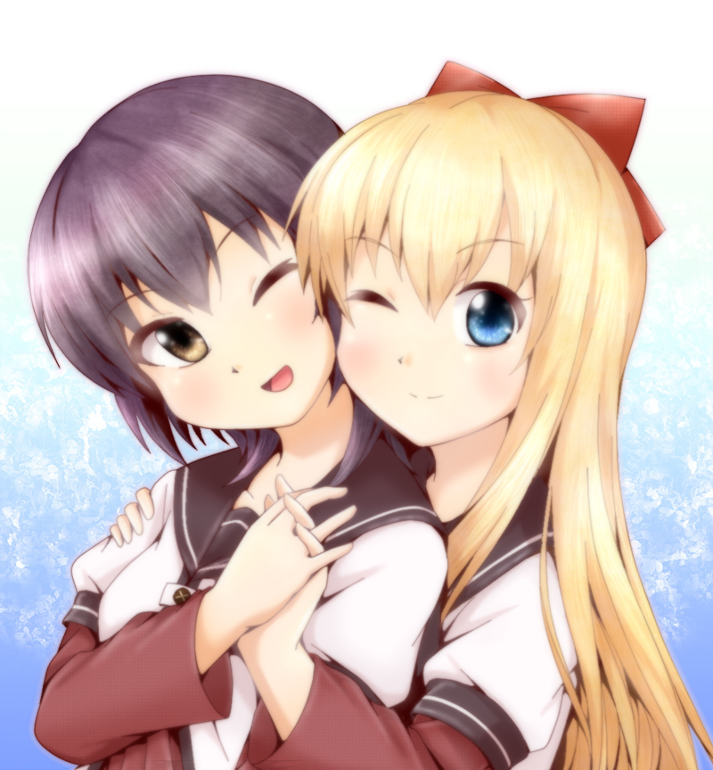 2girls, :d, black_hair, blonde_hair, blue_eyes, bow, brown_eyes, cheek-to-cheek