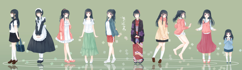 6+girls, absurdres, bikini, black_hair, casual, chitanda_eru, gym_uniform, highres, hoodie, hyouka, japanese_clothes, kimono, long_hair, maid, merier, multiple_girls, multiple_persona, ponytail, school_uniform, serafuku, swimsuit, track_jacket, violet_eyes, younger