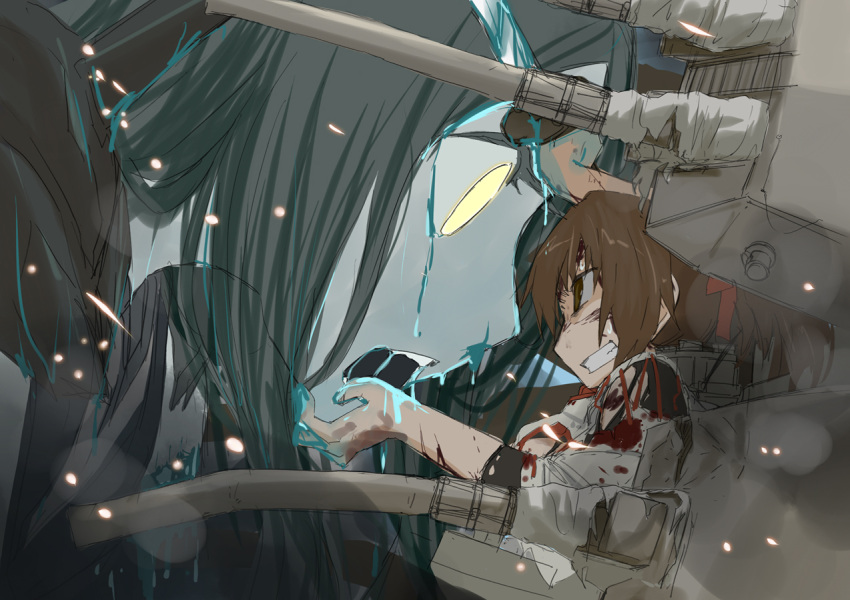 blood, blue_blood, bobyuka, cannon, character_request, empty_eyes, giantess, kantai_collection, turret