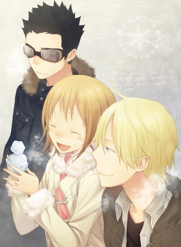 1girl, 2boys, black_hair, blonde_hair, breath, brown_hair, dx_luccafort, fur_trim