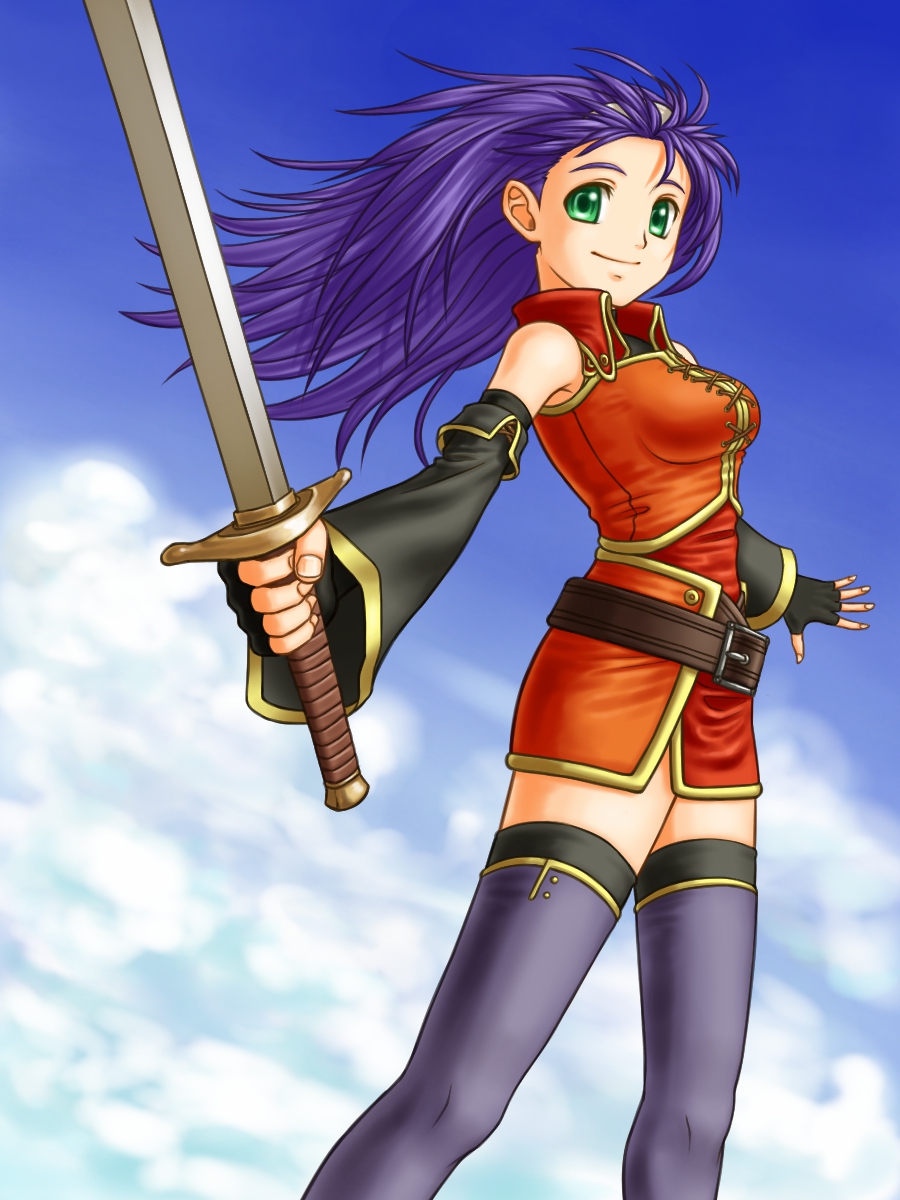 1girl, bare_shoulders, belt, blue_hair, breasts, detached_sleeves, fingerless_gloves, fire_emblem, fire_emblem:_akatsuki_no_megami, gloves, green_eyes, hairband, highres, long_hair, mia_(fire_emblem), smile, solo, soyo2106, sword, thighhighs, weapon, wind, zettai_ryouiki