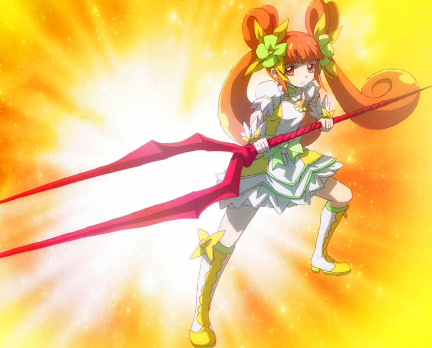 1girl, boots, choker, crossover, cure_rosetta, dokidoki!_precure, double_bun, dress, earrings, futa-futa, hair_ornament, hair_ribbon, jewelry, knee_boots, kneehighs, lance, lance_of_longinus, long_hair, magical_girl, neon_genesis_evangelion, orange_eyes, orange_hair, polearm, precure, puffy_sleeves, ribbon, sketch, solo, twintails, weapon, yotsuba_alice