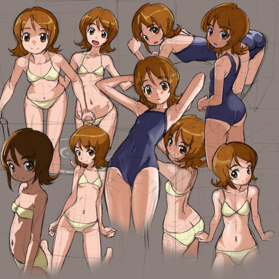 1girl, bikini, blush, bra, breasts, brown_eyes, brown_hair, butt_crack