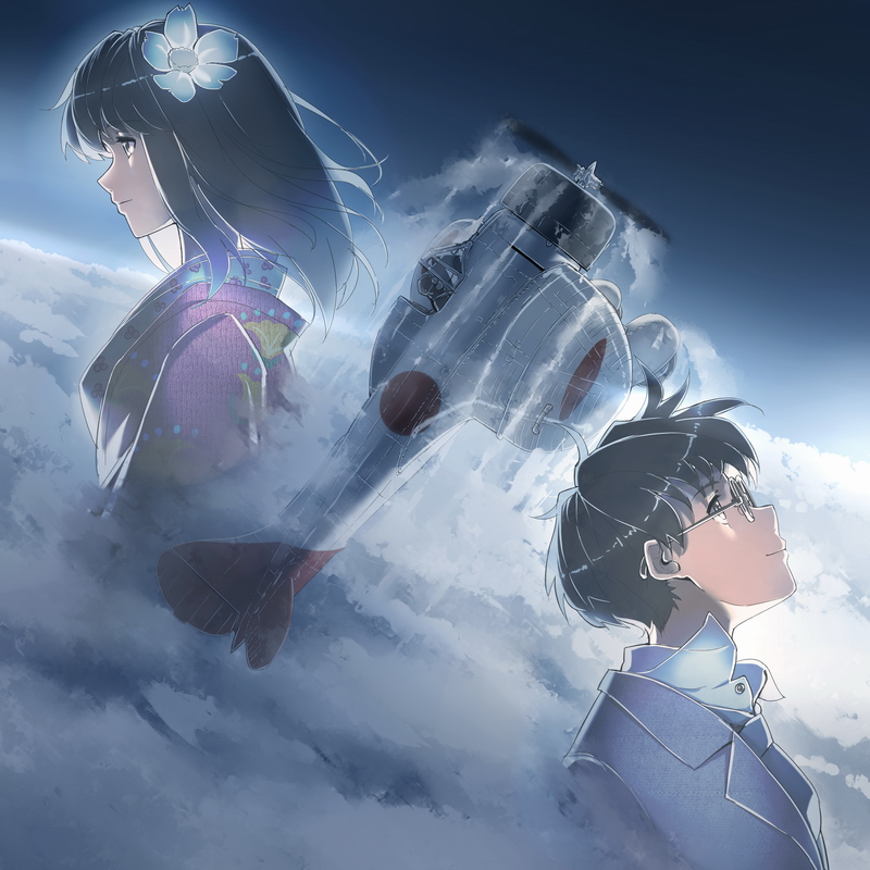 1boy, 1girl, airplane, back-to-back, brown_hair, clouds, flower, glasses