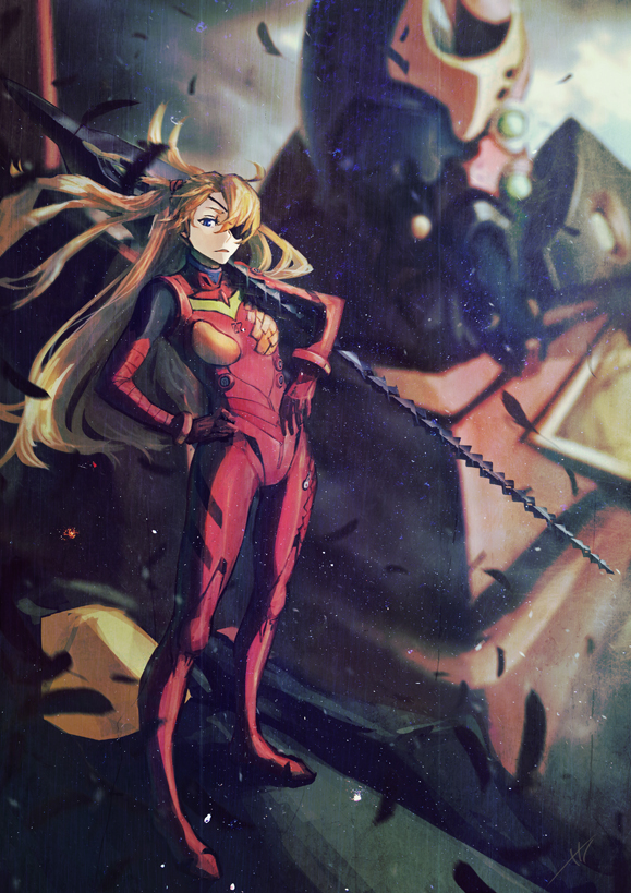 1girl, blonde_hair, blue_eyes, eyepatch, hair_ornament, hand_on_hip, lance_of_cassius, long_hair, looking_at_viewer, mecha, neon_genesis_evangelion, plugsuit, rebuild_of_evangelion, shikinami_asuka_langley, solo, souryuu_asuka_langley, total