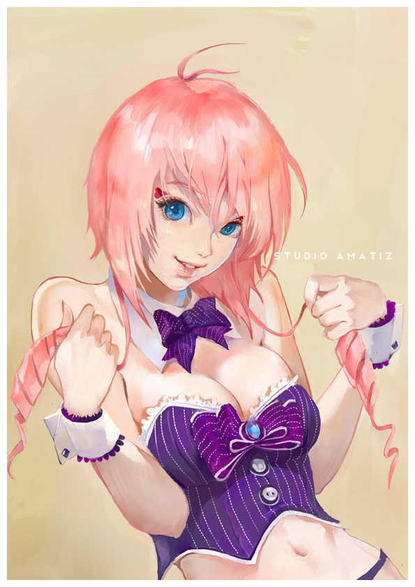 1girl, ahoge, aljeanne, amatiz, bare_shoulders, blue_eyes, bowtie, breasts