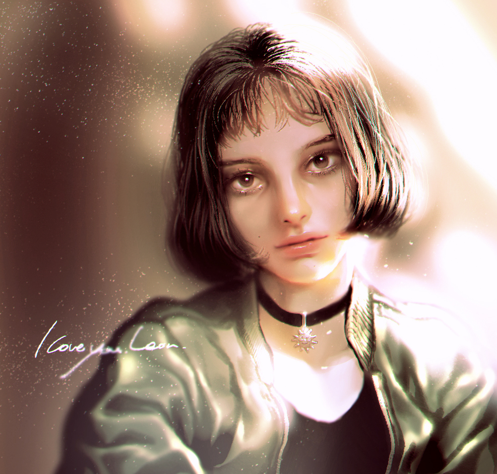 1girl, black_hair, brown_eyes, choker, close-up, face, jewelry, leon_the_professional, lips, looking_at_viewer, mathilda_lando, realistic, rukiana, short_hair, solo