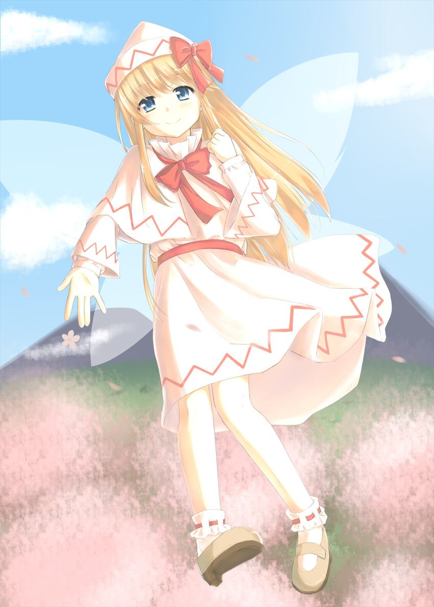 1girl, blonde_hair, blue_eyes, blue_sky, blush, bow, capelet, cherry_blossoms