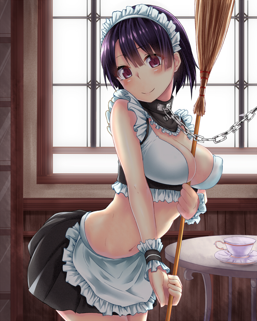 1girl, blush, breasts, broom, chain, cleavage, collar, cup