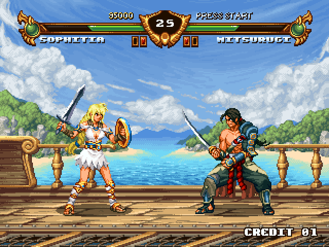 1boy, 1girl, fake_screenshot, fighting_game, fighting_stance, junkboy, katana, lifebar