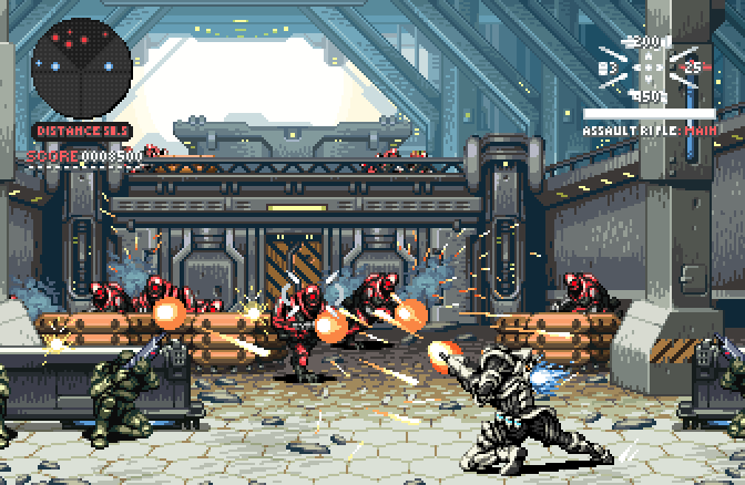 assault_rifle, battle, fake_screenshot, gun, junkboy, mecha, parody, pixel_art