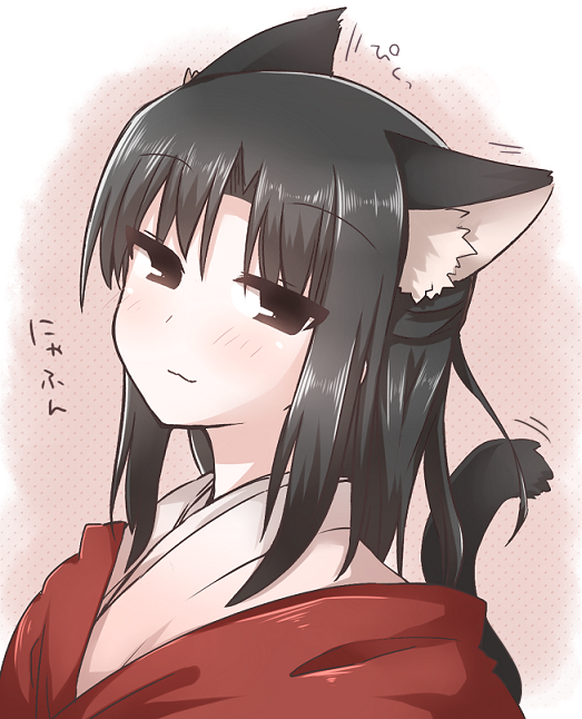 1girl, animal_ears, black_hair, blush, cat_ears, cat_tail, kara_no_kyoukai, kemonomimi_mode
