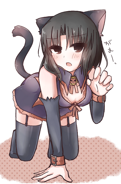 1girl, all_fours, animal_ears, black_hair, black_legwear, blush, cat_ears, cat_tail, garter_straps, kara_no_kyoukai, looking_at_viewer, ohitashi_netsurou, ryougi_shiki, simple_background, solo, tail, thighhighs, white_background