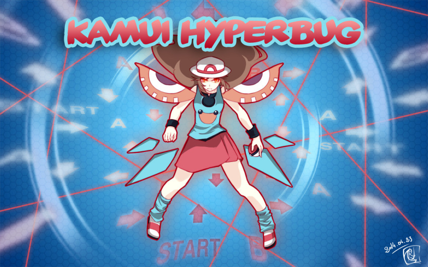 blue_(pokemon), brown_hair, fusion, gameplay_mechanics, glowing, glowing_eyes, kill_la_kill, kyoutashan