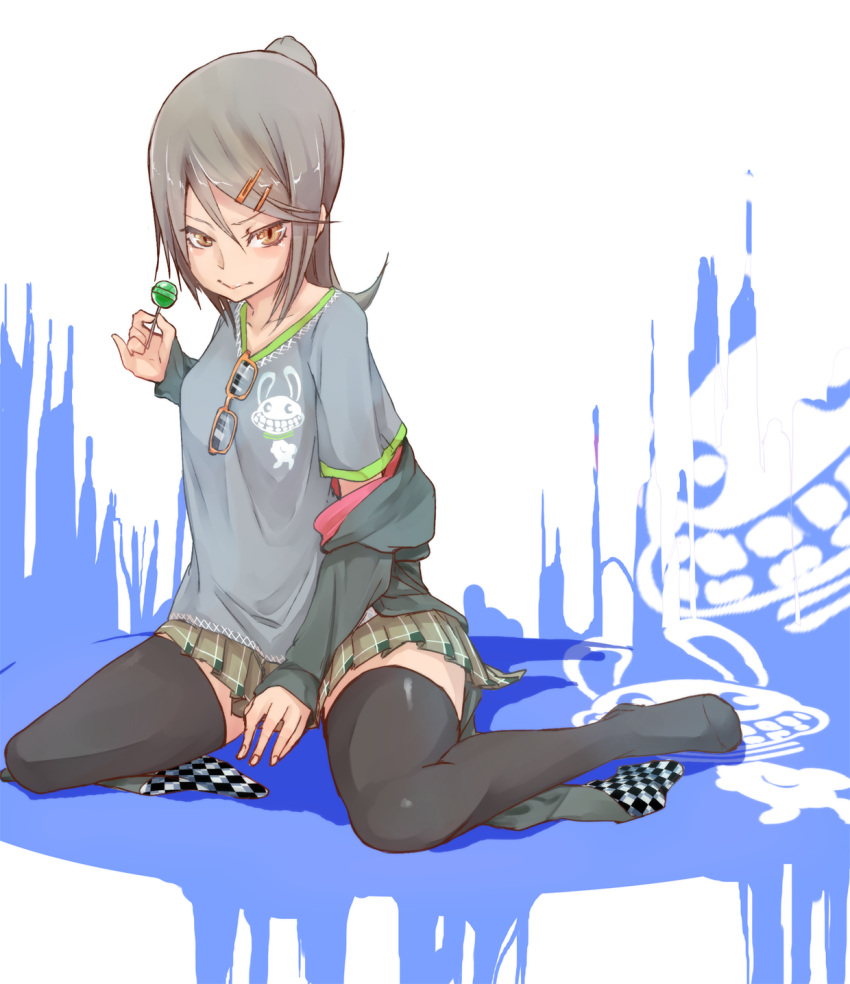 1girl, black_legwear, brown_eyes, brown_hair, candy, collarbone, fu-ta, glasses_on_shirt