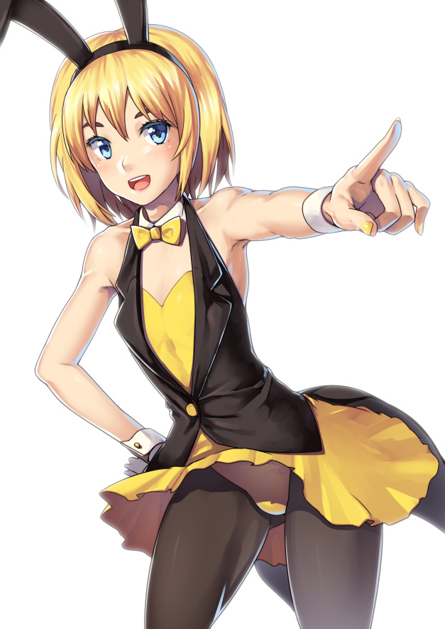 1boy, animal_ears, armin_arlert, bare_shoulders, black_legwear, blonde_hair, blue_eyes, bowtie