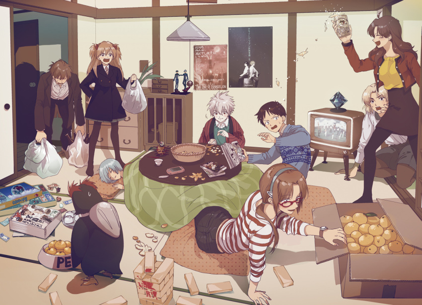 3boys, 5girls, akagi_ritsuko, ayanami_rei, food, fruit, ikari_shinji, kaji_ryouji
