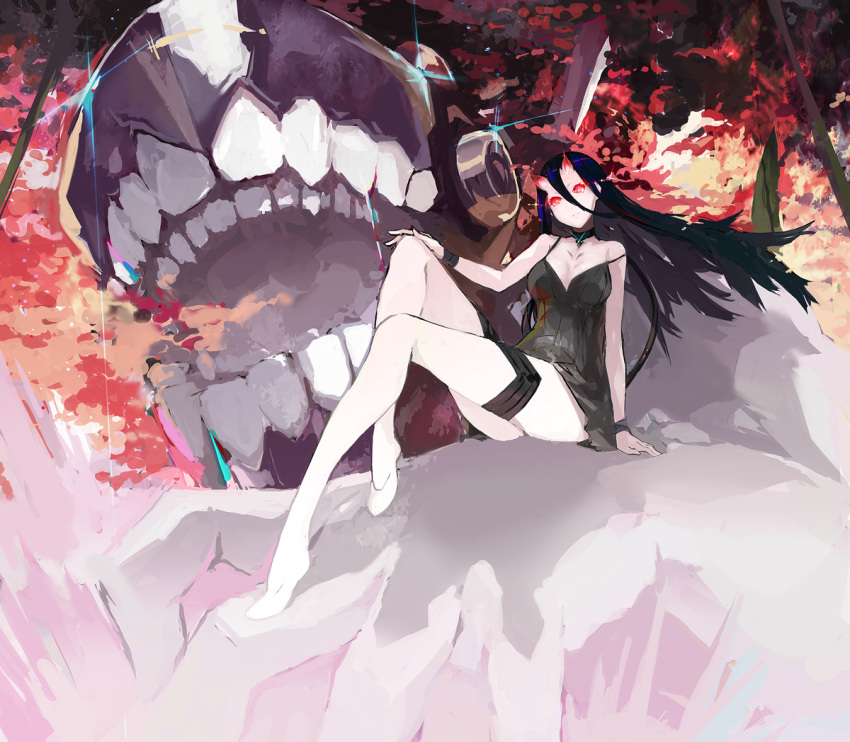 bare_shoulders, black_hair, bobhit, bottomless, character_request, chemise, choker, demon_horns
