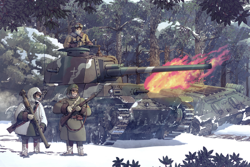 3boys, arisaka_type_38, belt, bolt_action, boots, cannon, caterpillar_tracks, coat