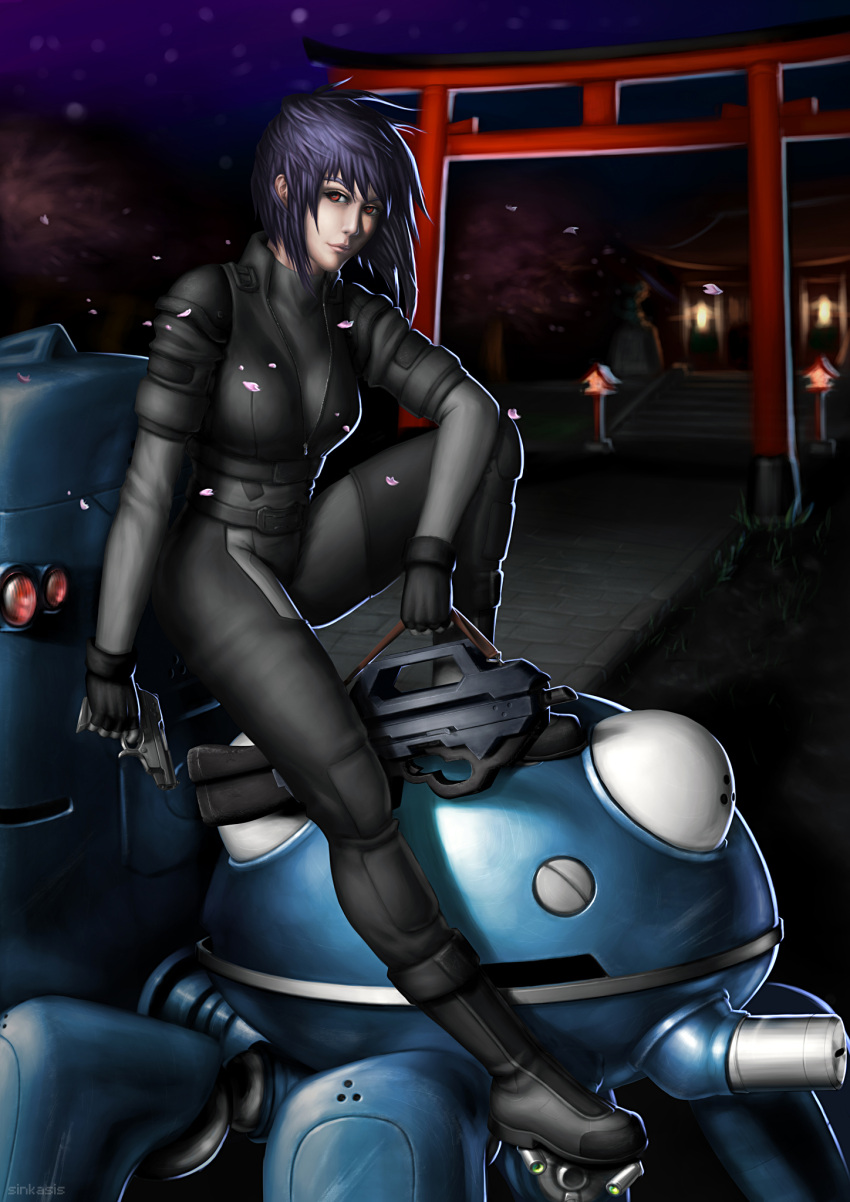 1girl, artist_name, bodysuit, boots, breasts, cherry_blossoms, cyberpunk, fingerless_gloves, ghost_in_the_shell, ghost_in_the_shell_stand_alone_complex, gloves, gun, highres, jacket, kusanagi_motoko, looking_at_viewer, mecha, pistol, purple_hair, red_eyes, riding, rifle, robot, seburo_c26a, seburo_m5, short_hair, shrine, sinkasis, statue, tachikoma, torii, unzipped, weapon, wind