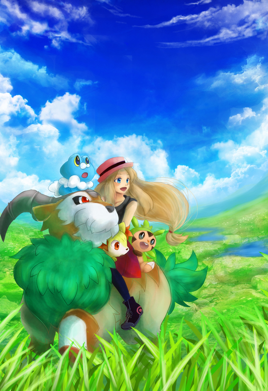 1girl, :d, blonde_hair, blue_eyes, chespin, fennekin, froakie, gogoat, hat, horns, jellybeans0101, long_hair, open_mouth, pantyhose, pleated_skirt, pokemon, pokemon_(creature), pokemon_(game), pokemon_xy, riding, serena_(pokemon), shoes, skirt, sleeveless, smile, sneakers