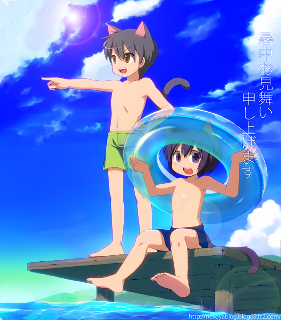 2boys, animal_ears, cat_ears, cat_tail, innertube, male, multiple_boys, nekoya, ocean, original, purple_hair, sky, sunlight, swim_trunks, swimsuit, tail, violet_eyes