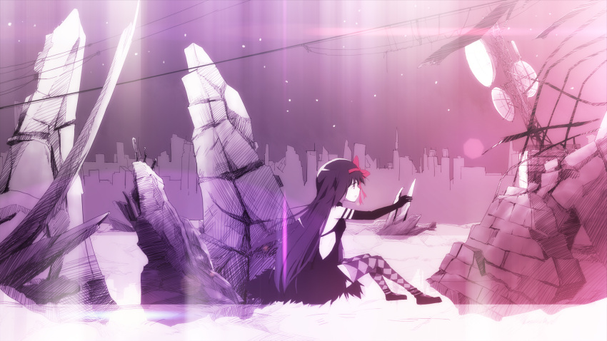 1girl, akemi_homura, akuma_homura, angilar, argyle, argyle_legwear, black_hair, city