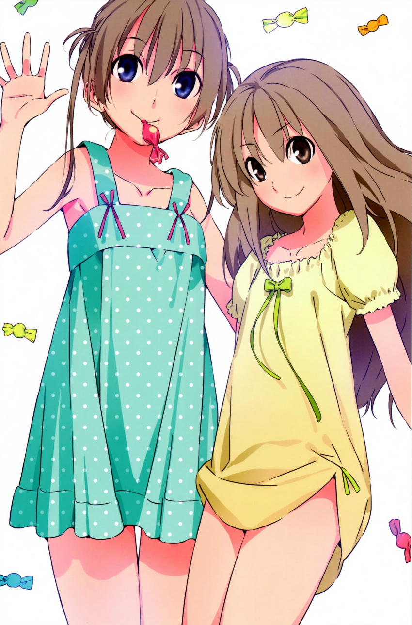 2girls, absurdres, amakawa_chinatsu, blue_eyes, brown_eyes, brown_hair, candy, collarbone