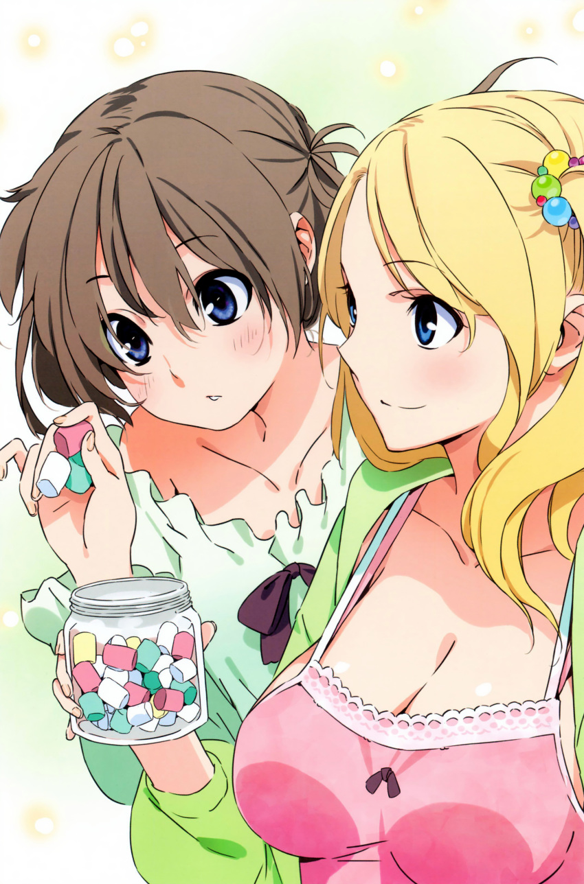 2girls, :<, absurdres, amakawa_chinatsu, bare_shoulders, blonde_hair, blue_eyes, blush