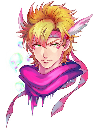1boy, blonde_hair, caesar_anthonio_zeppeli, facial_mark, feathers, green_eyes, hair_feathers, jojo_no_kimyou_na_bouken, lowres, scarf, smskt_25, solo