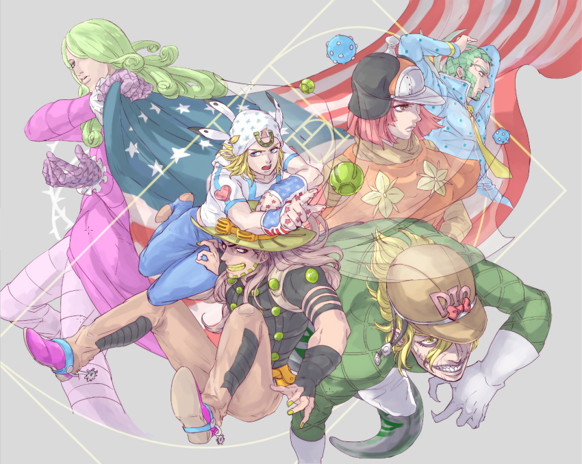 american_flag, ball, blonde_hair, diego_brando, funny_valentine, golden_ratio, gyro_zeppeli, hat