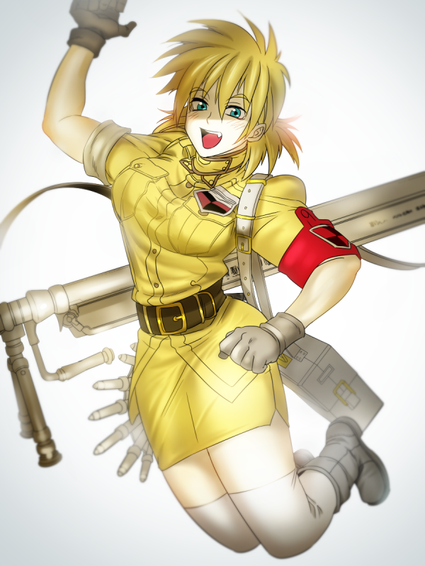 1girl, armband, blonde_hair, blue_eyes, blurry, bullet, depth_of_field, fang, gloves, gun, hellsing, monoheiya, seras_victoria, solo, thighhighs, uniform, weapon, white_legwear
