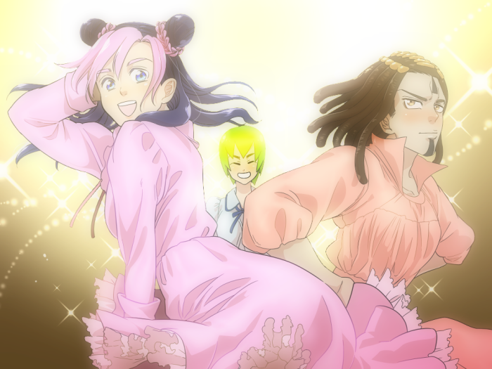 3girls, black_hair, blush, double_bun, dress, foo_fighters, green_hair, hairlocs