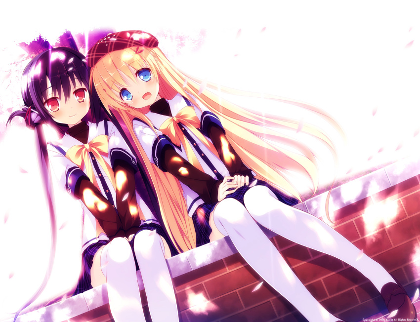 2girls, :d, black_hair, blonde_hair, blue_eyes, brick_wall, cherry_blossoms, clover_days, hair_ornament, hat, long_hair, multiple_girls, nimura_yuuji, open_mouth, red_eyes, ribbon, school_uniform, sitting, smile, takakura_anri, takakura_anzu, thighhighs, twintails, white_legwear