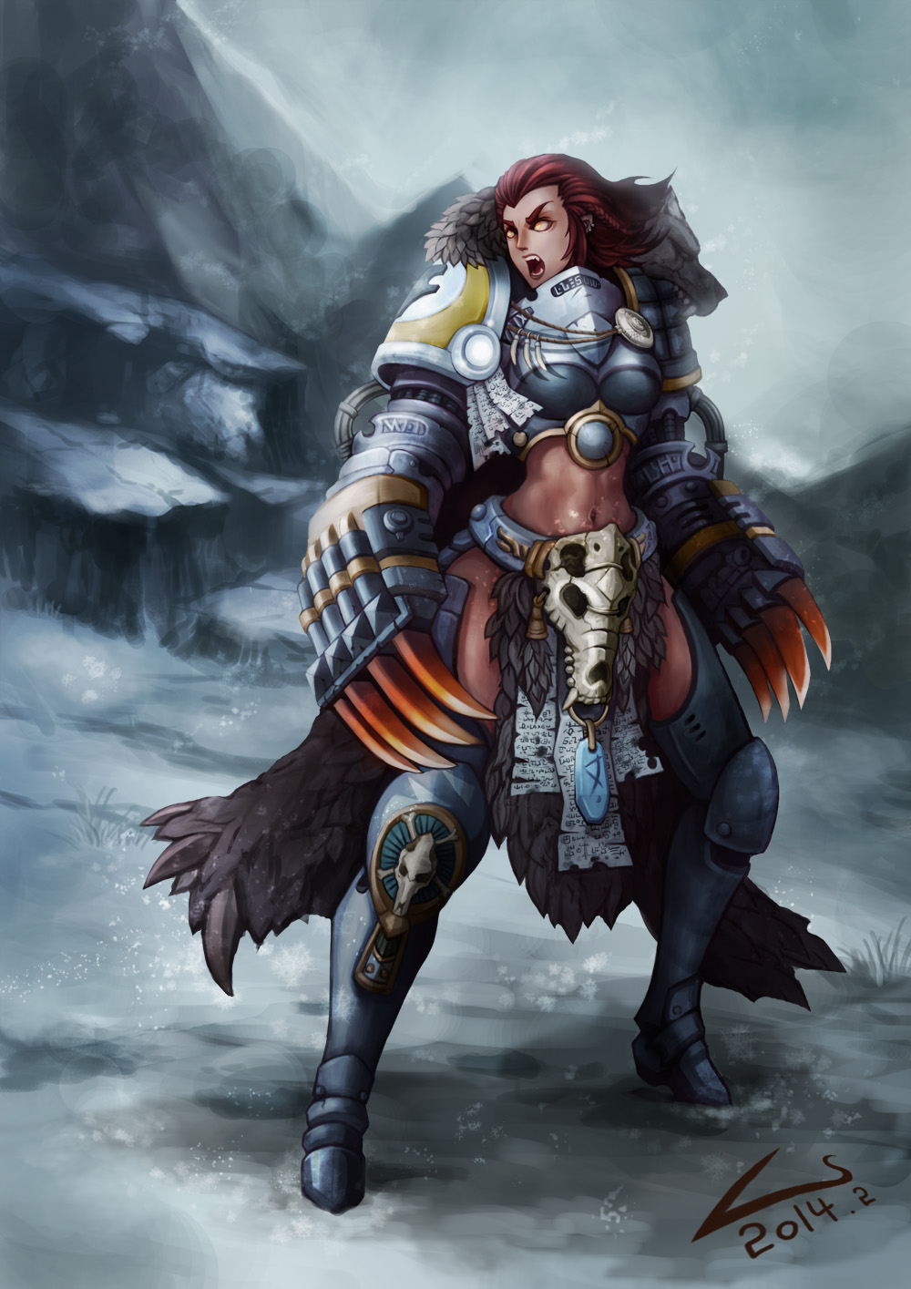 1girl, adapted_costume, animal_skull, boots, braid, breasts, dated, fangs
